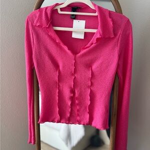 New Hot Pink Ruffled Fitted Long Sleeve Blouse M